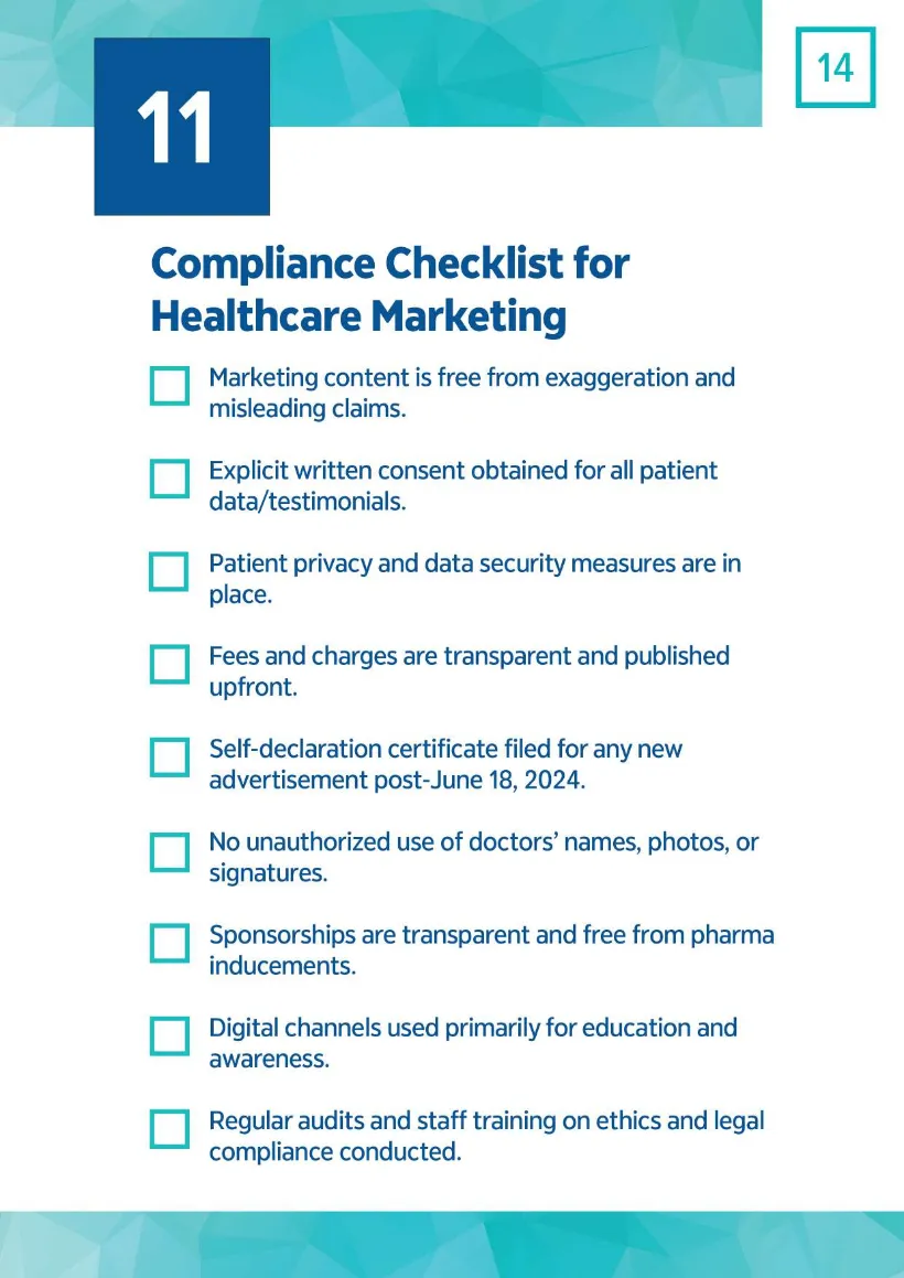 Rules Before Reach, June 2025 edition, page 17 of 19: 11. Compliance checklist for healthcare marketing